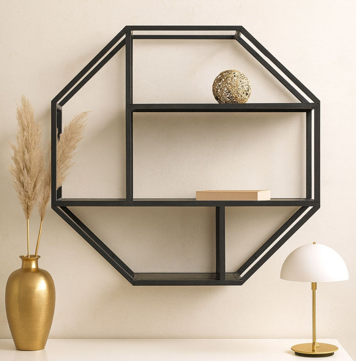 Decorative hexagonal wall shelf made of metal and wood | Modern geometric design for contemporary homes