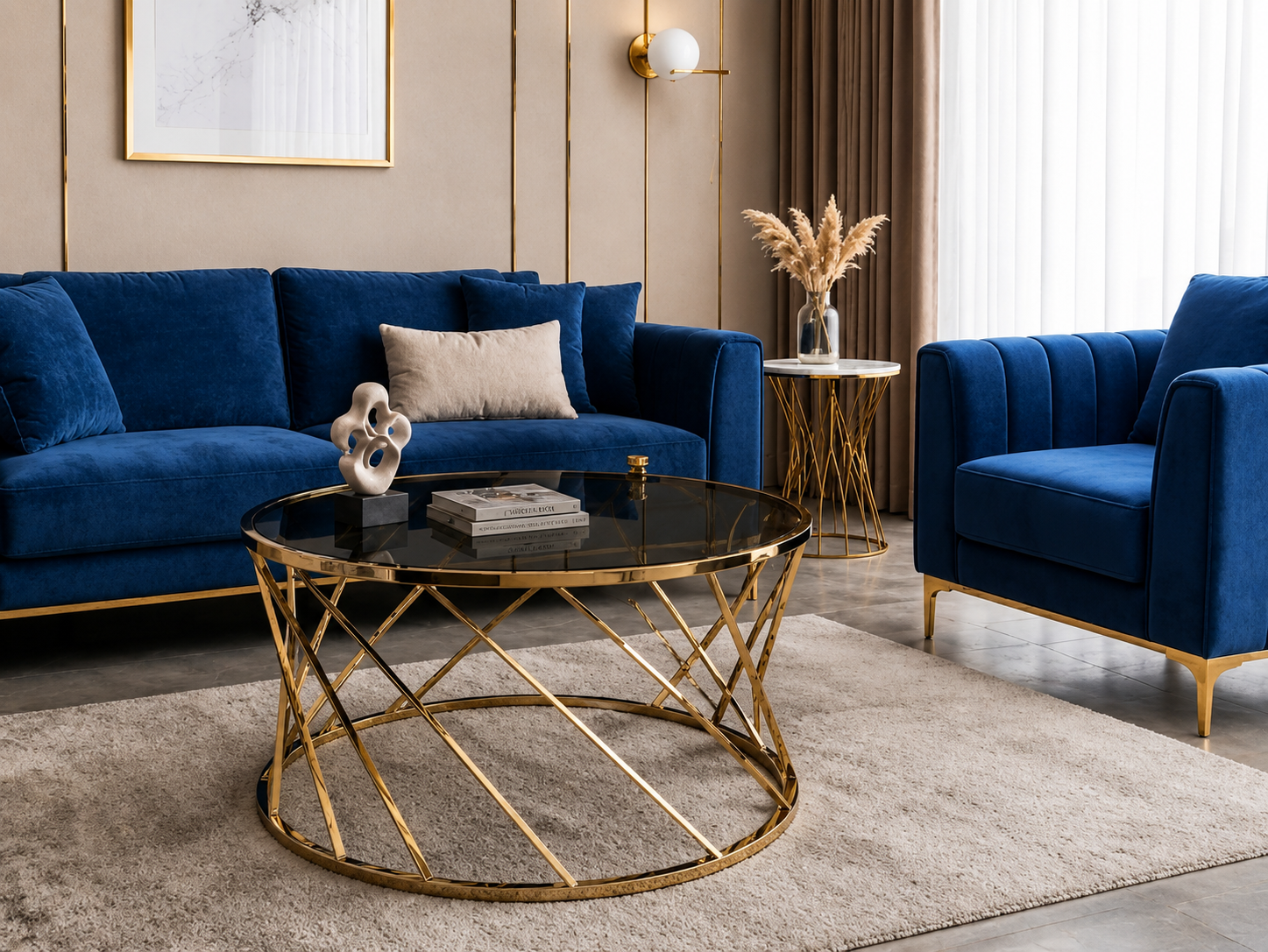 Round Stainless Steel Coffee Table with Smoked Tempered Glass Top | Luxury Gold PVD Center Table 75cm | LION HOME
