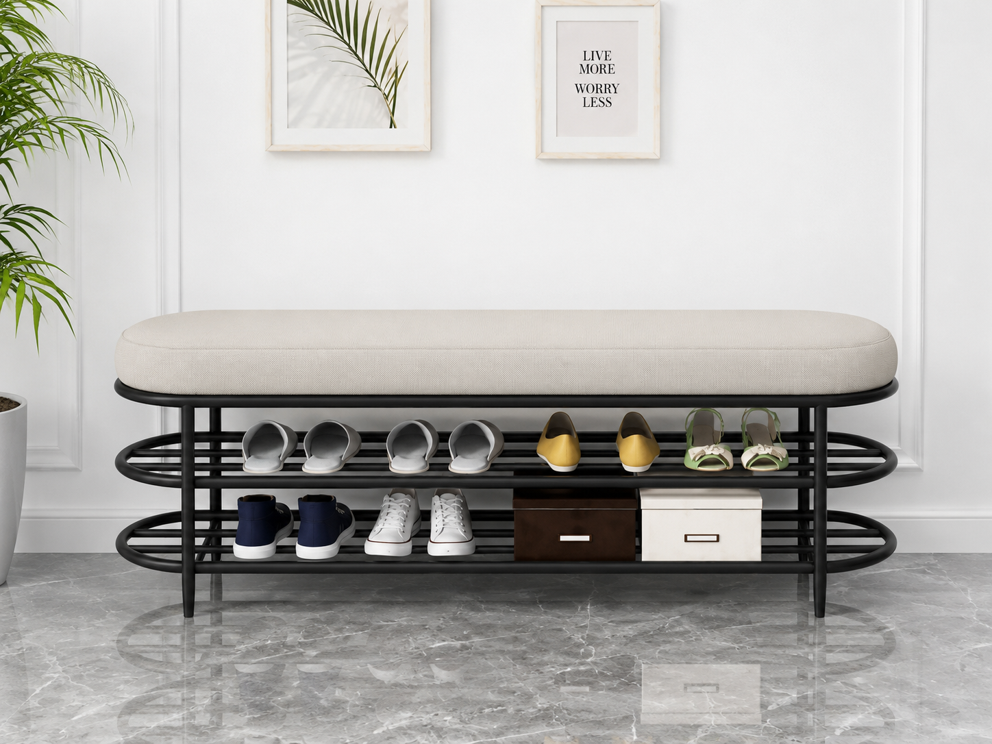 Shoe Bench with Storage 120×40×50 cm – Black Metal Frame & Beige Seat