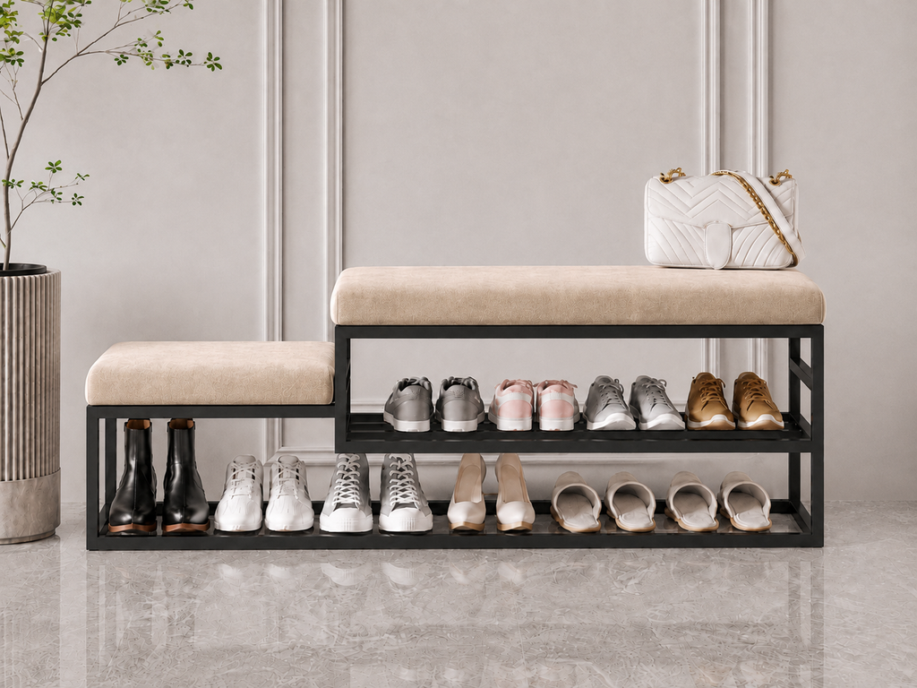 Stepped Shoe Bench with Storage 120×30×50 cm – Black Metal Frame & Beige Seats