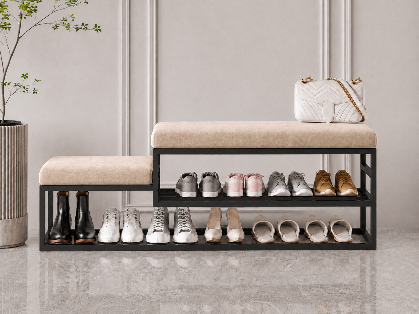 Stepped Shoe Bench with Storage 120×30×50 cm – Black Metal Frame & Beige Seats