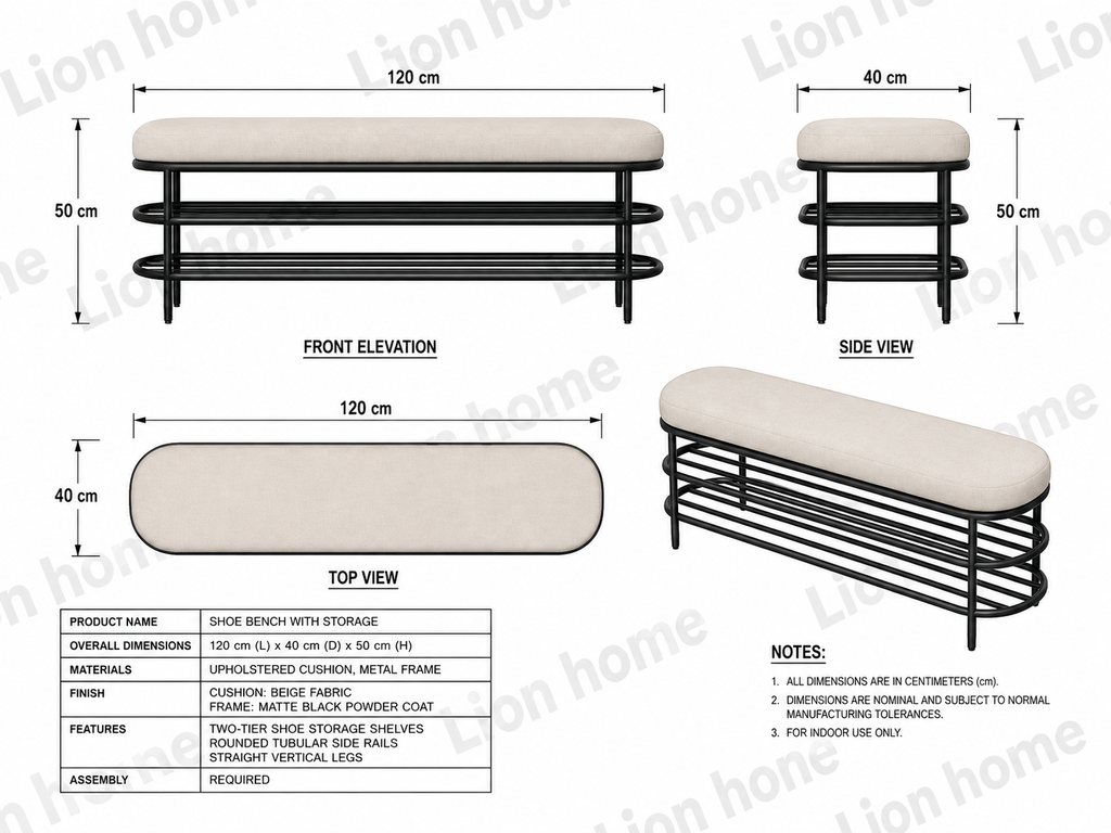 Shoe Bench with Storage 120×40×50 cm – Black Metal Frame & Beige Seat