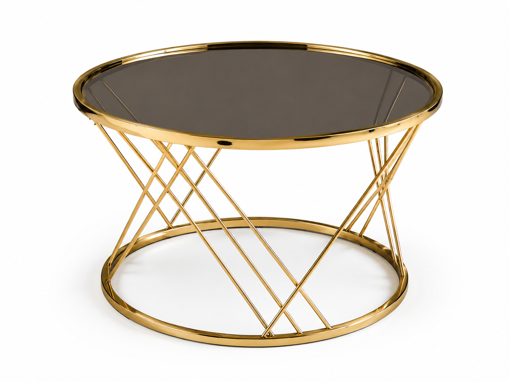 Round Stainless Steel Coffee Table with Smoked Tempered Glass Top | Gold PVD Modern Center Table 60cm | LION HOME