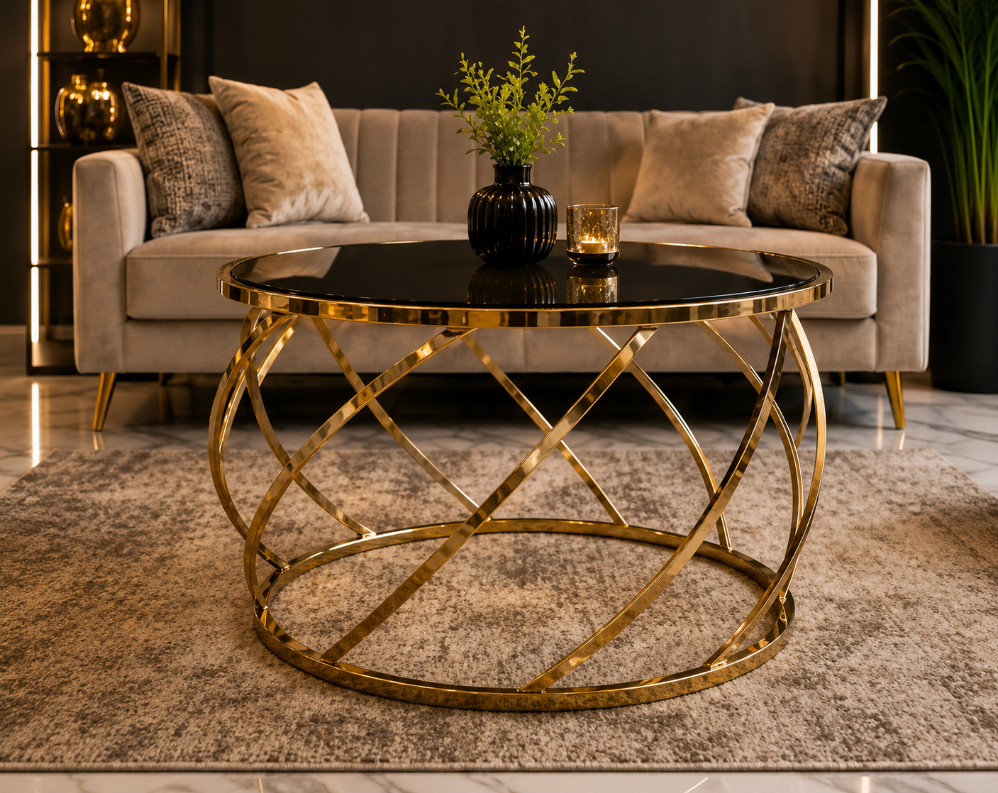 Round Stainless Steel Coffee Table with Smoked Tempered Glass Top | Gold PVD Luxury Center Table 70cm | LION HOME