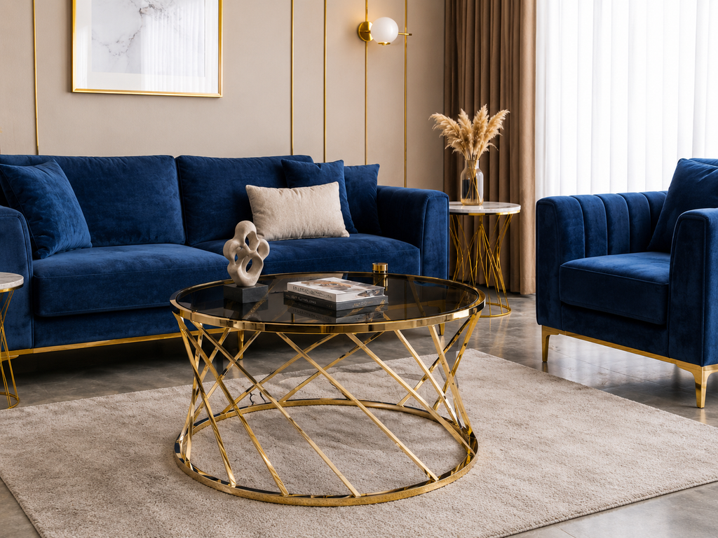 Round Stainless Steel Coffee Table with Smoked Tempered Glass Top | Luxury Gold PVD Center Table 75cm | LION HOME