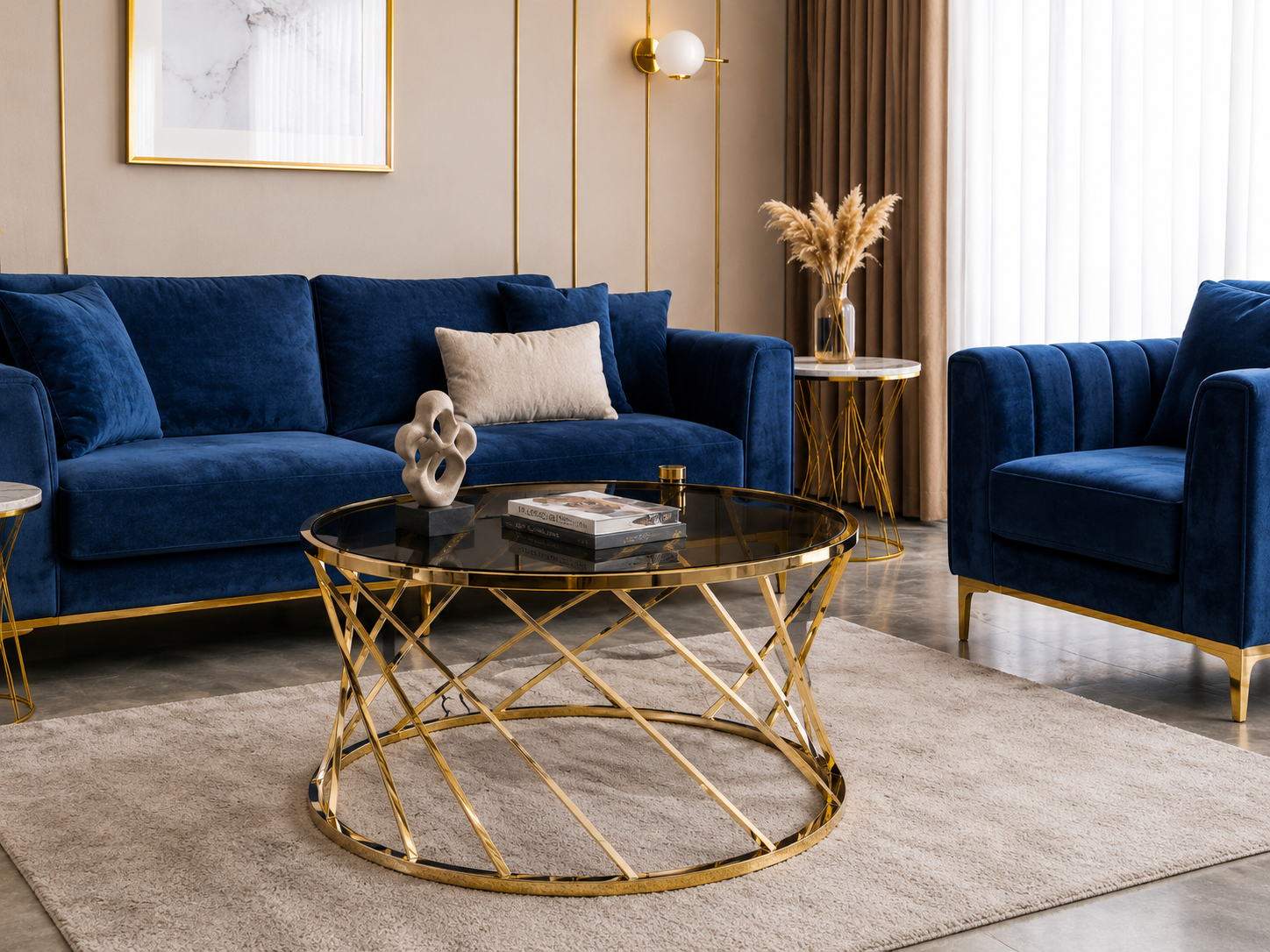 Round Stainless Steel Coffee Table with Smoked Tempered Glass Top | Luxury Gold PVD Center Table 75cm | LION HOME
