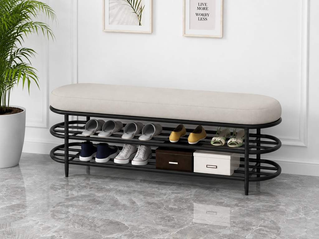 Shoe Bench with Storage 120×40×50 cm – Black Metal Frame & Beige Seat