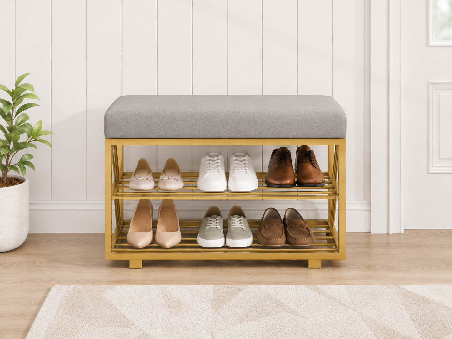 Compact Shoe Bench with 2-Tier Storage 80×30×50 cm – Satin Gold Frame & Gray Seat
