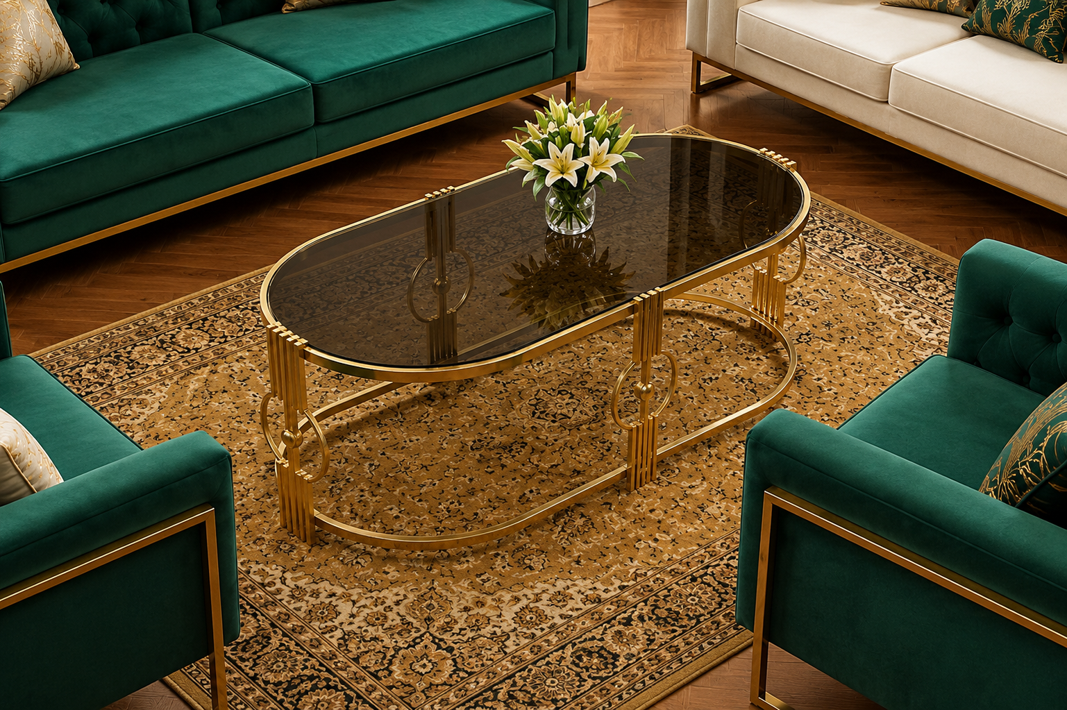 Luxury Oval Stainless Steel Coffee Table with Smoked Tempered Glass Top | Gold PVD Finish | 100 × 50 × 45 cm | LION HOME