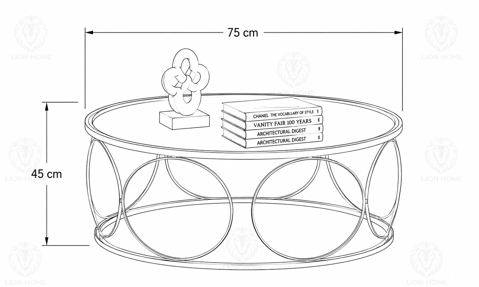 LION HOME Round Coffee Table 75 cm – Gold Stainless Steel PVD Frame with Smoked Glass Top