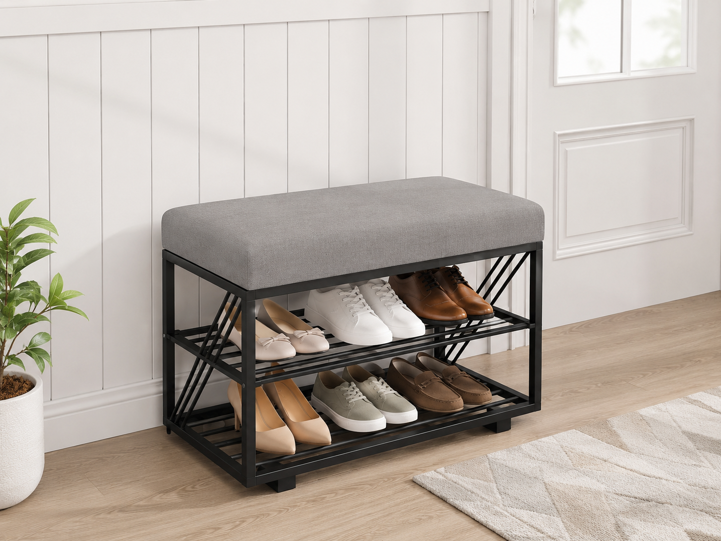 Compact Shoe Bench with 2-Tier Storage 80×30×50 cm – Black Metal & Gray Seat