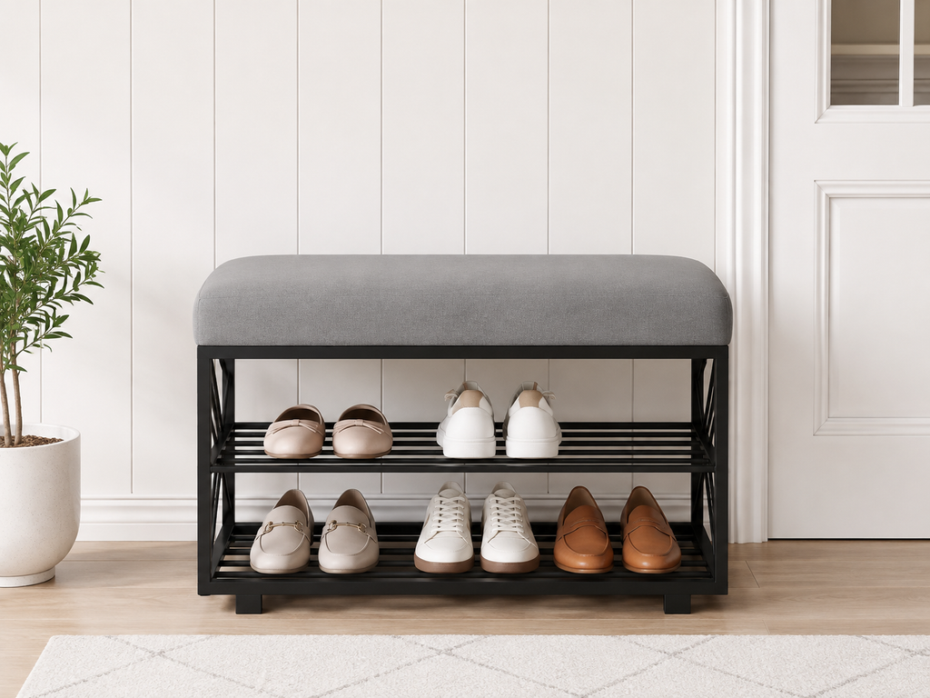 Compact Shoe Bench with 2-Tier Storage 80×30×50 cm – Black Metal & Gray Seat