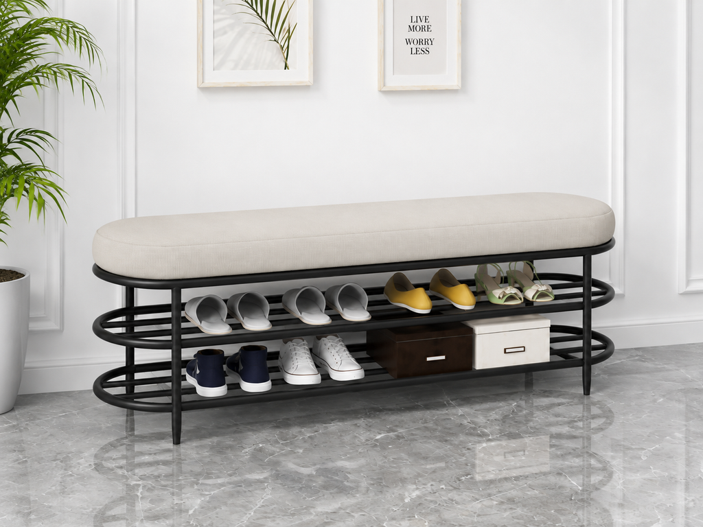 Shoe Bench with Storage 120×40×50 cm – Black Metal Frame & Beige Seat