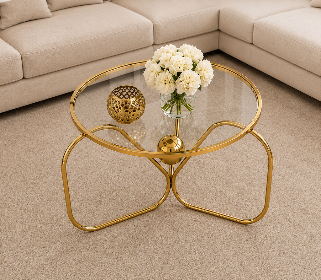 Luxury Round Stainless Steel Coffee Table with Smoked Tempered Glass Top | Gold PVD Finish | 75 cm | LION HOME