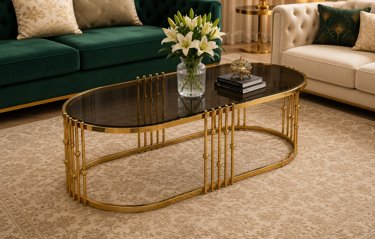 Luxury Oval Stainless Steel Coffee Table with Smoked Tempered Glass Top | Gold PVD Finish | 100×50 cm | LION HOME