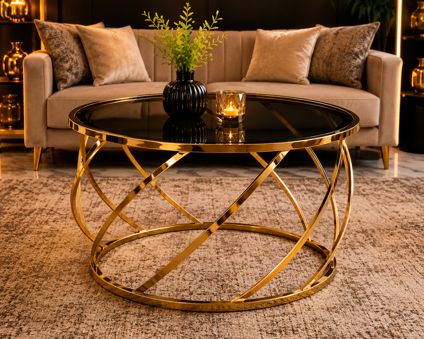 Round Stainless Steel Coffee Table with Smoked Tempered Glass Top | Gold PVD Luxury Center Table 70cm | LION HOME