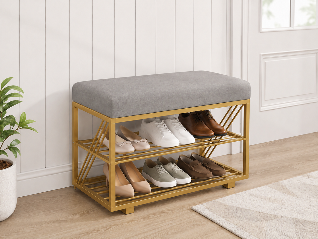 Compact Shoe Bench with 2-Tier Storage 80×30×50 cm – Satin Gold Frame & Gray Seat