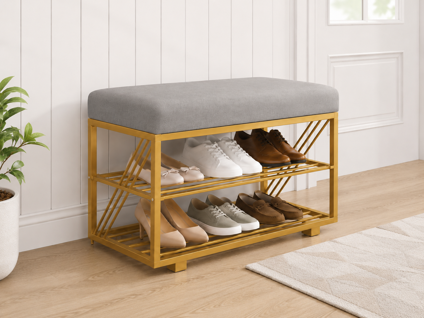 Compact Shoe Bench with 2-Tier Storage 80×30×50 cm – Satin Gold Frame & Gray Seat