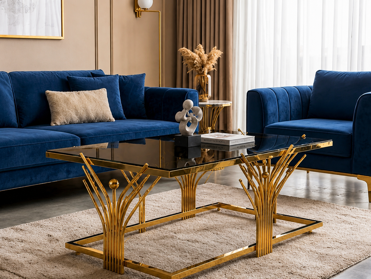 Luxury Rectangular Stainless Steel Coffee Table with Smoked Tempered Glass Top | Gold PVD Finish | 100×50 cm | LION HOME