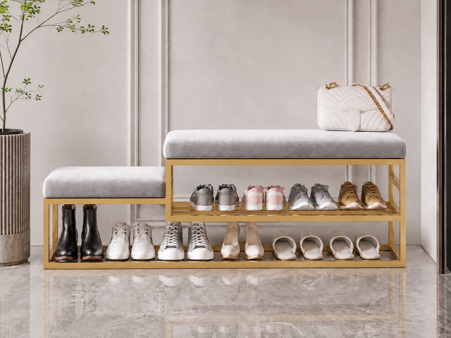 Stepped Shoe Bench with Storage 120×30×50 cm – Gold Metal Frame & Gray Seats