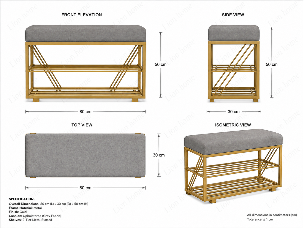 Compact Shoe Bench with 2-Tier Storage 80×30×50 cm – Satin Gold Frame & Gray Seat
