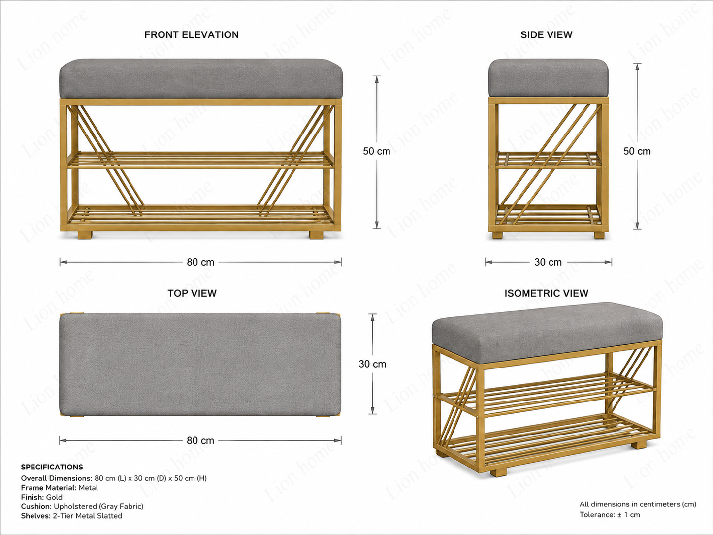 Compact Shoe Bench with 2-Tier Storage 80×30×50 cm – Satin Gold Frame & Gray Seat