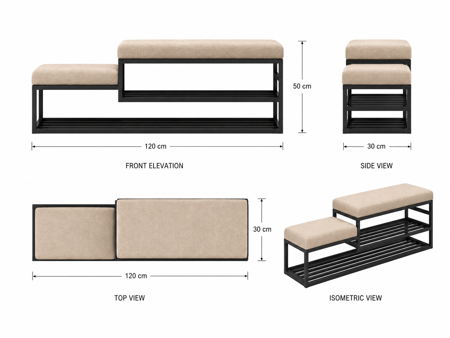 Stepped Shoe Bench with Storage 120×30×50 cm – Black Metal Frame & Beige Seats
