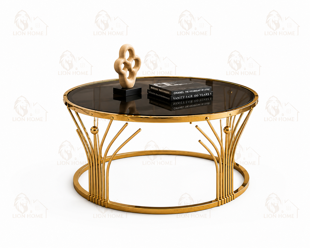 Round Stainless Steel Side Table with Smoked Tempered Glass Top | Luxury Gold PVD Accent Table 60cm | LION HOME