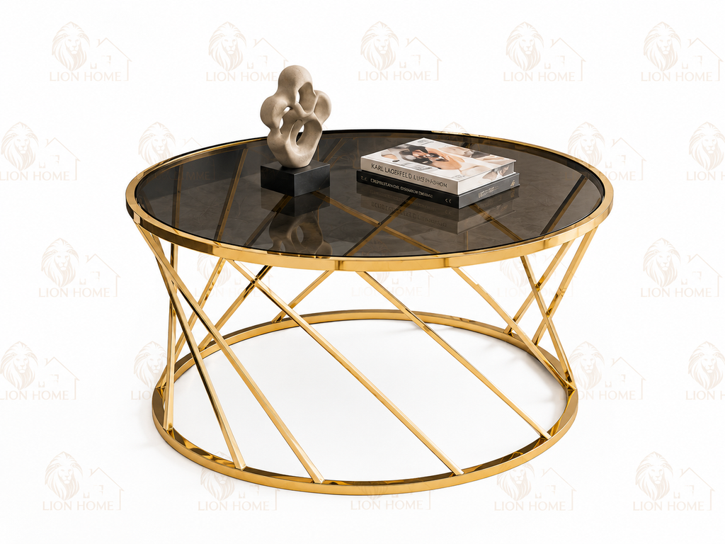 Round Stainless Steel Coffee Table with Smoked Tempered Glass Top | Luxury Gold PVD Center Table 75cm | LION HOME