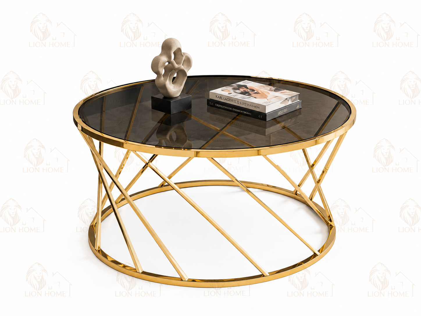 Round Stainless Steel Coffee Table with Smoked Tempered Glass Top | Luxury Gold PVD Center Table 75cm | LION HOME
