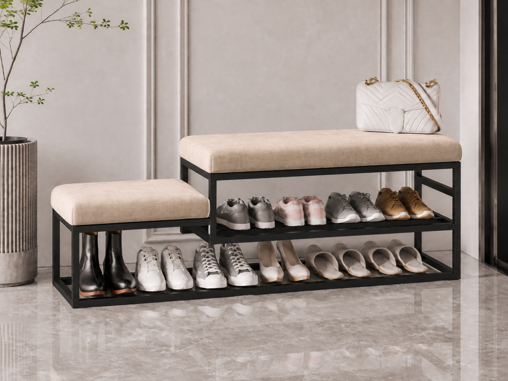 Stepped Shoe Bench with Storage 120×30×50 cm – Black Metal Frame & Beige Seats
