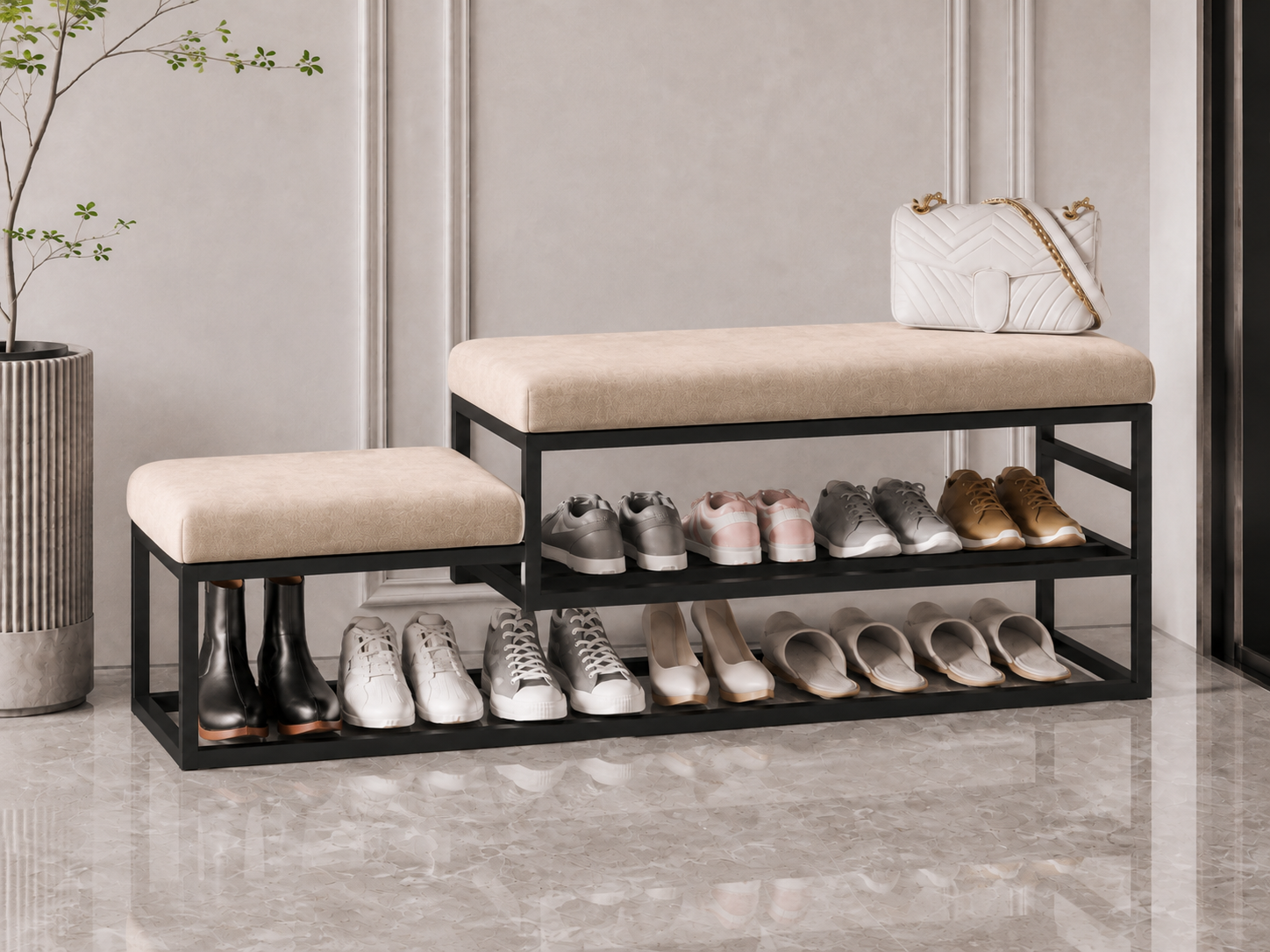 Stepped Shoe Bench with Storage 120×30×50 cm – Black Metal Frame & Beige Seats