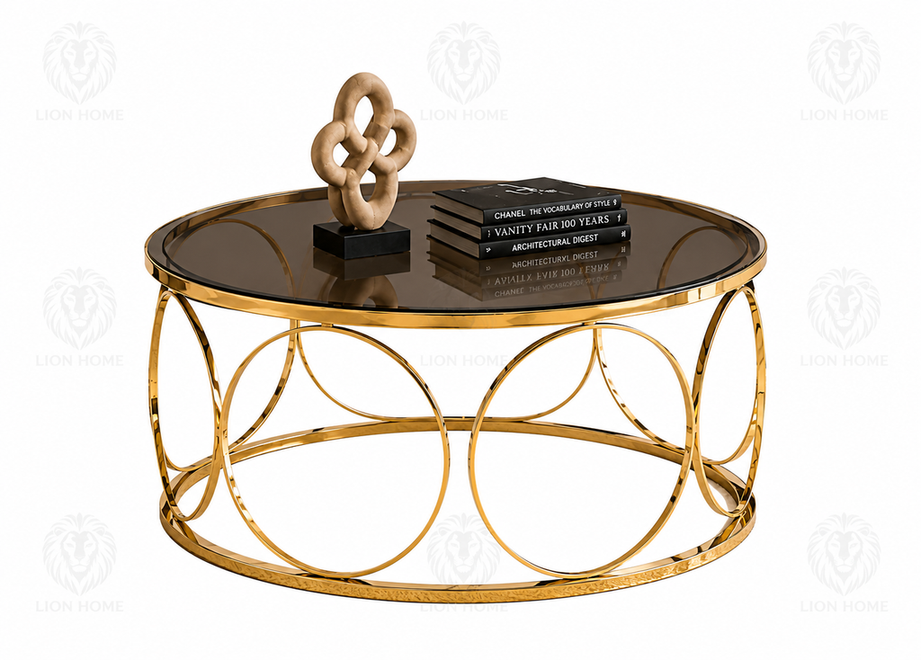 LION HOME Round Coffee Table 75 cm – Gold Stainless Steel PVD Frame with Smoked Glass Top