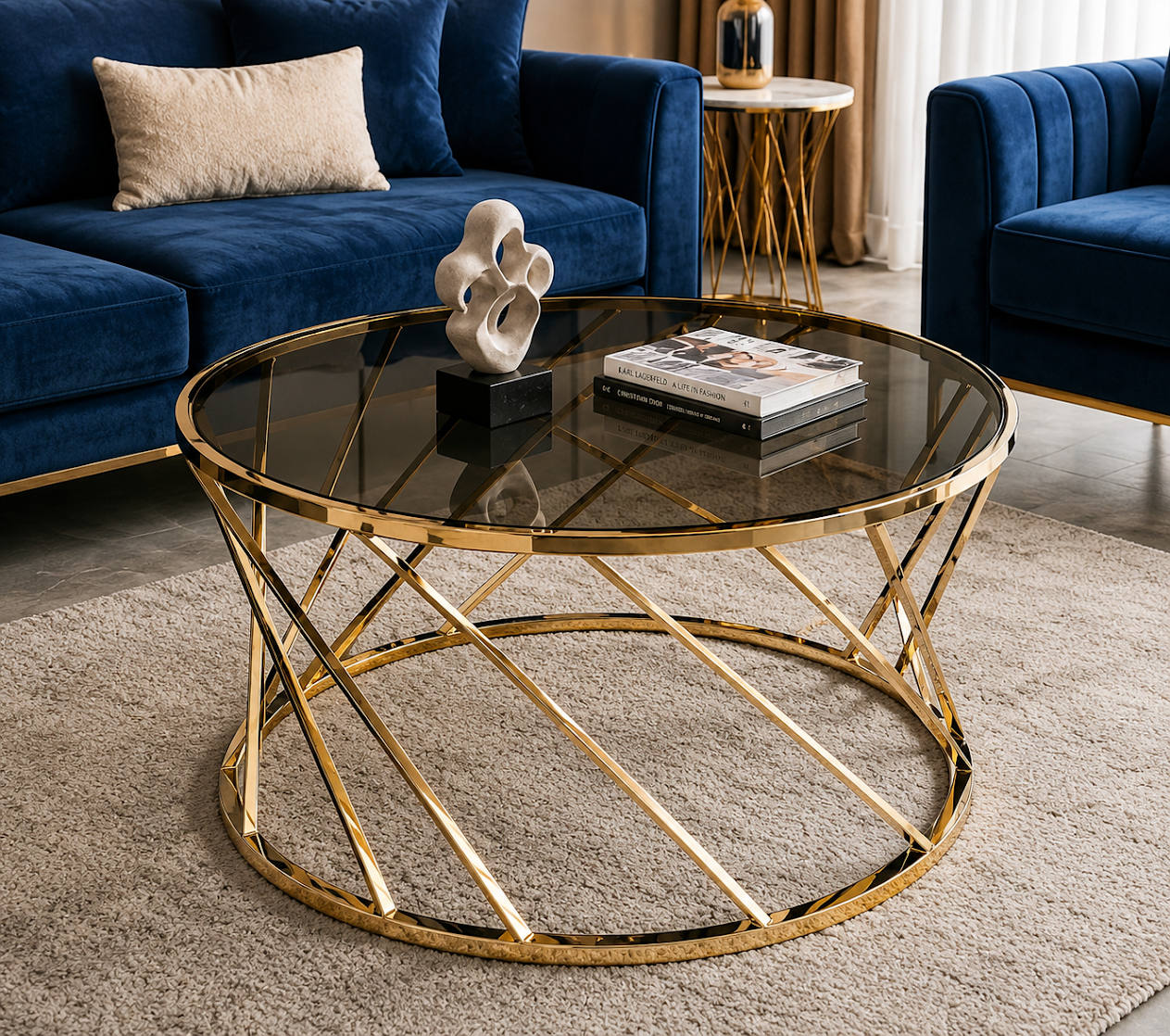 Round Stainless Steel Coffee Table with Smoked Tempered Glass Top | Luxury Gold PVD Center Table 75cm | LION HOME