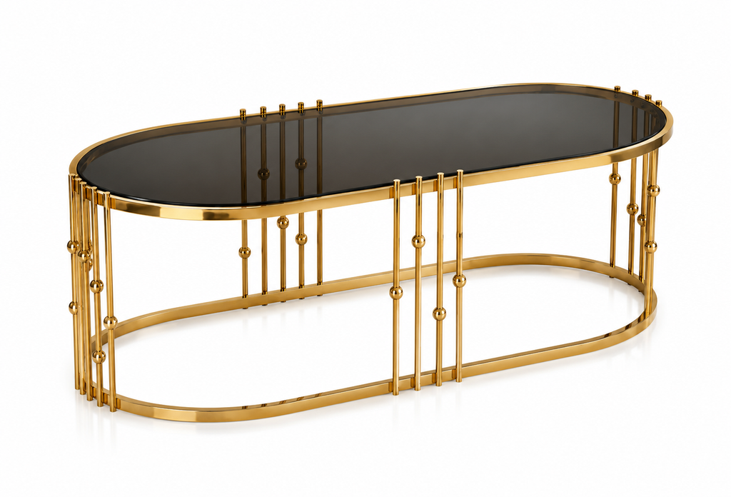 Luxury Oval Stainless Steel Coffee Table with Smoked Tempered Glass Top | Gold PVD Finish | 100×50 cm | LION HOME