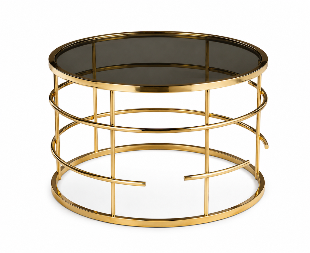 Luxury Round Stainless Steel Coffee Table with Smoked Tempered Glass Top | Gold PVD Finish | 60 cm | LION HOME