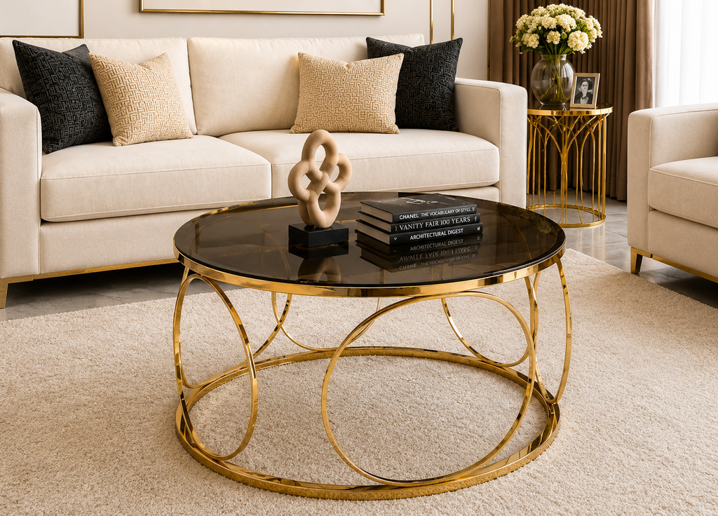 LION HOME Round Coffee Table 75 cm – Gold Stainless Steel PVD Frame with Smoked Glass Top