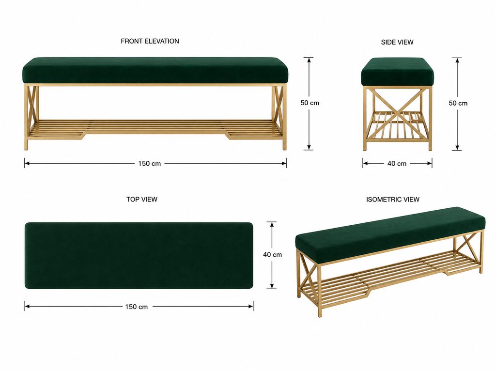 Long Shoe Bench with Storage 150×40×50 cm – Satin Gold Frame & Dark Green Seat
