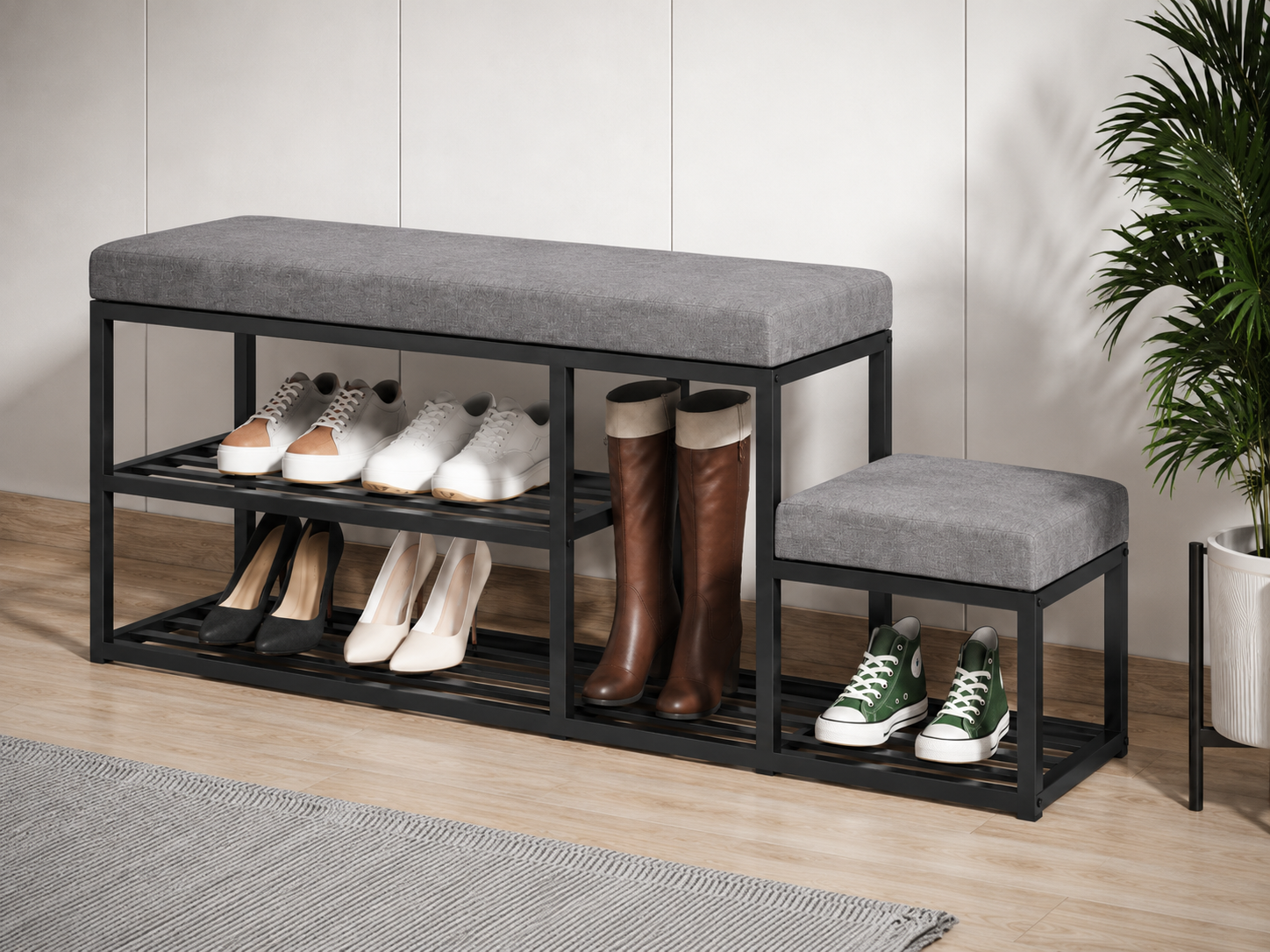 Stepped Shoe Bench with Boot Storage 120×30×50 cm – Black Metal & Gray Seats