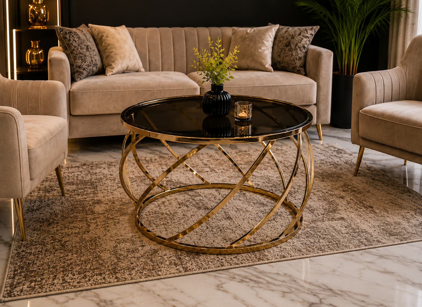 Round Stainless Steel Coffee Table with Smoked Tempered Glass Top | Gold PVD Luxury Center Table 70cm | LION HOME