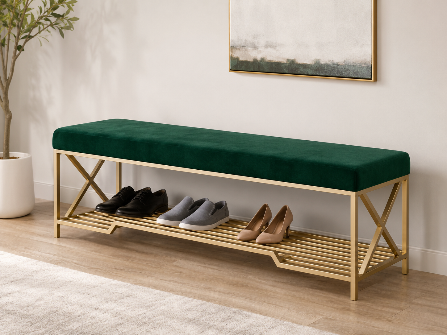 Long Shoe Bench with Storage 150×40×50 cm – Satin Gold Frame & Dark Green Seat