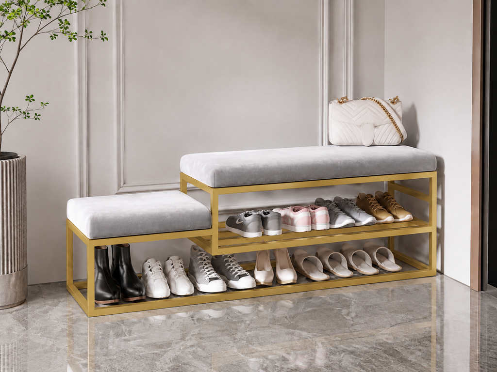 Stepped Shoe Bench with Storage 120×30×50 cm – Gold Metal Frame & Gray Seats