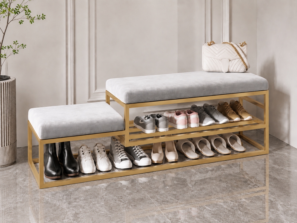 Stepped Shoe Bench with Storage 120×30×50 cm – Gold Metal Frame & Gray Seats