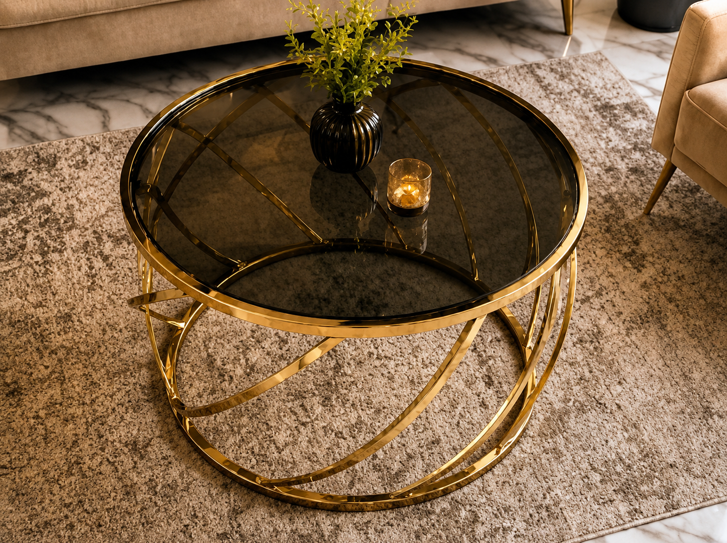 Round Stainless Steel Coffee Table with Smoked Tempered Glass Top | Gold PVD Luxury Center Table 70cm | LION HOME