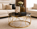 LION HOME Round Coffee Table 75 cm – Gold Stainless Steel PVD Frame with Smoked Glass Top