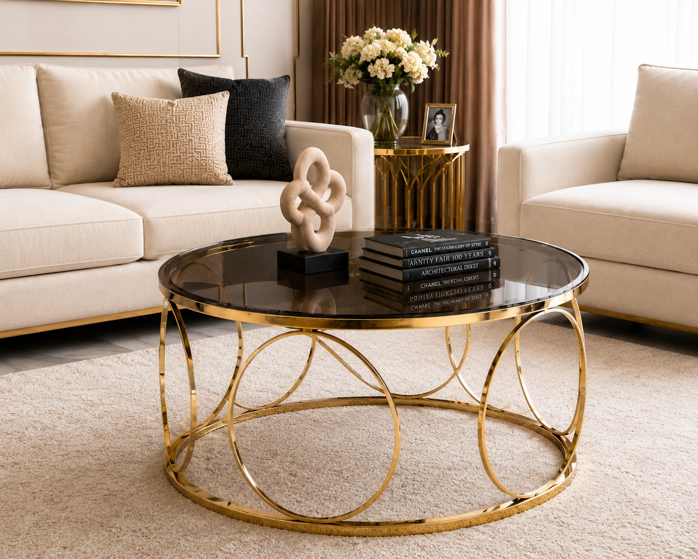 LION HOME Round Coffee Table 75 cm – Gold Stainless Steel PVD Frame with Smoked Glass Top