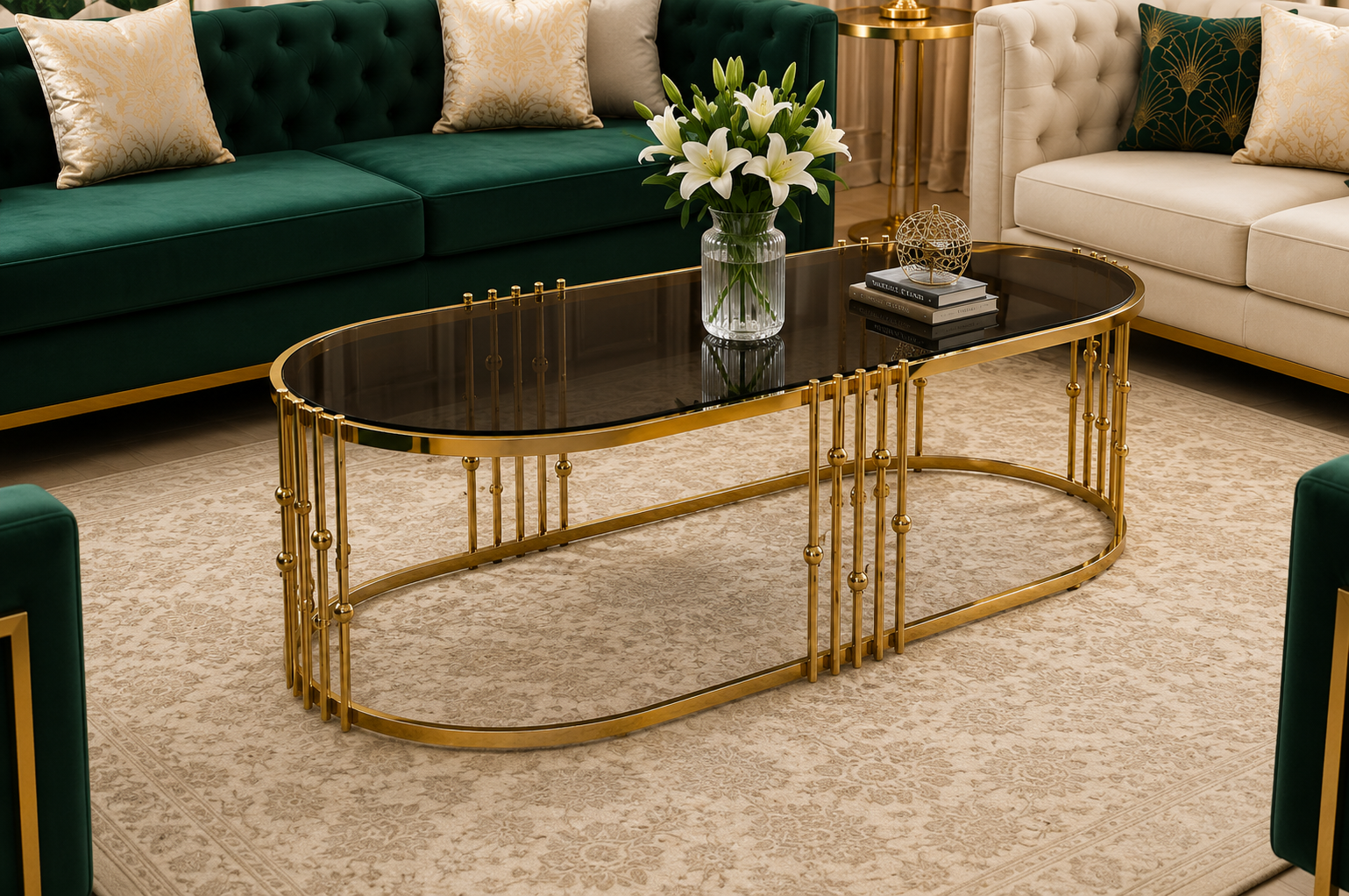 Luxury Oval Stainless Steel Coffee Table with Smoked Tempered Glass Top | Gold PVD Finish | 100×50 cm | LION HOME