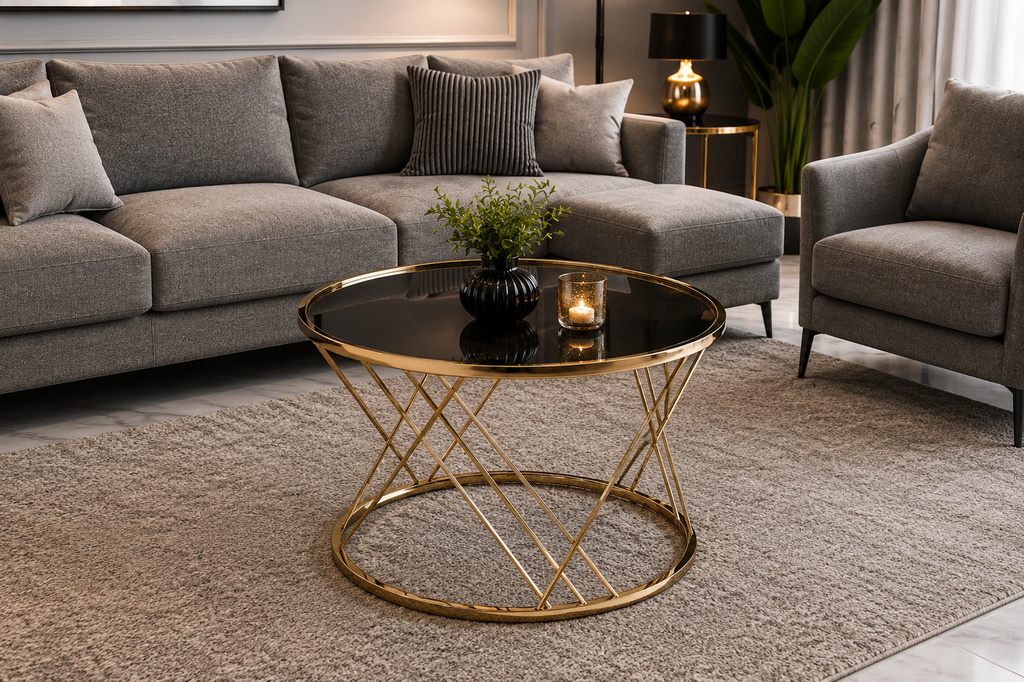 Round Stainless Steel Coffee Table with Smoked Tempered Glass Top | Gold PVD Modern Center Table 60cm | LION HOME