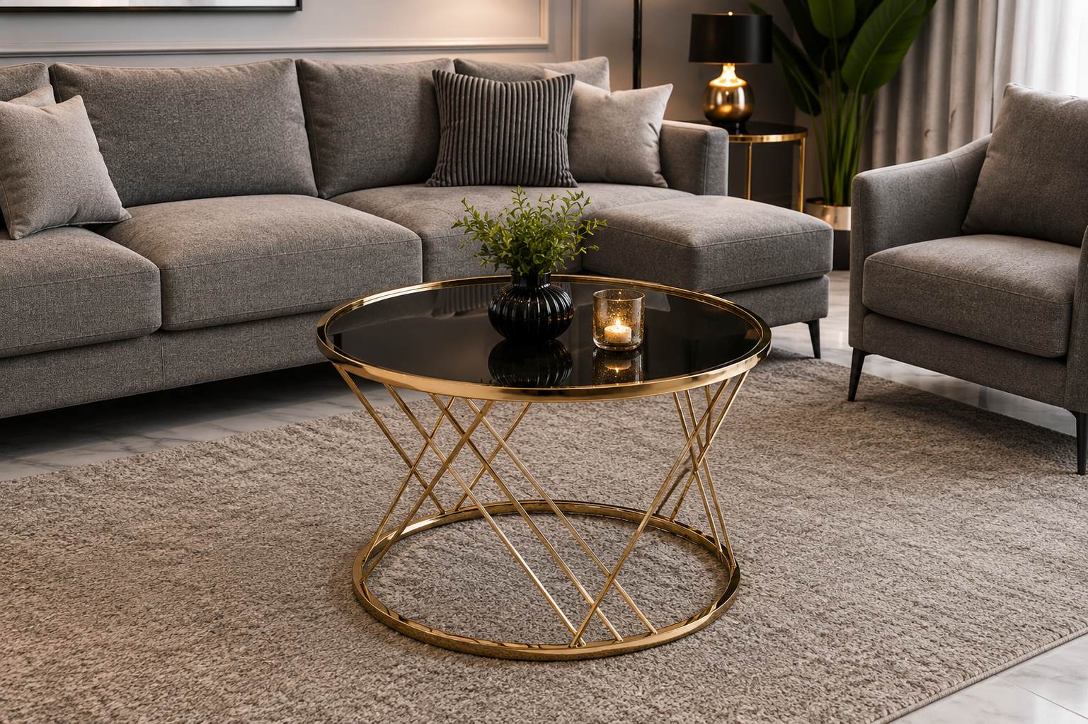 Round Stainless Steel Coffee Table with Smoked Tempered Glass Top | Gold PVD Modern Center Table 60cm | LION HOME