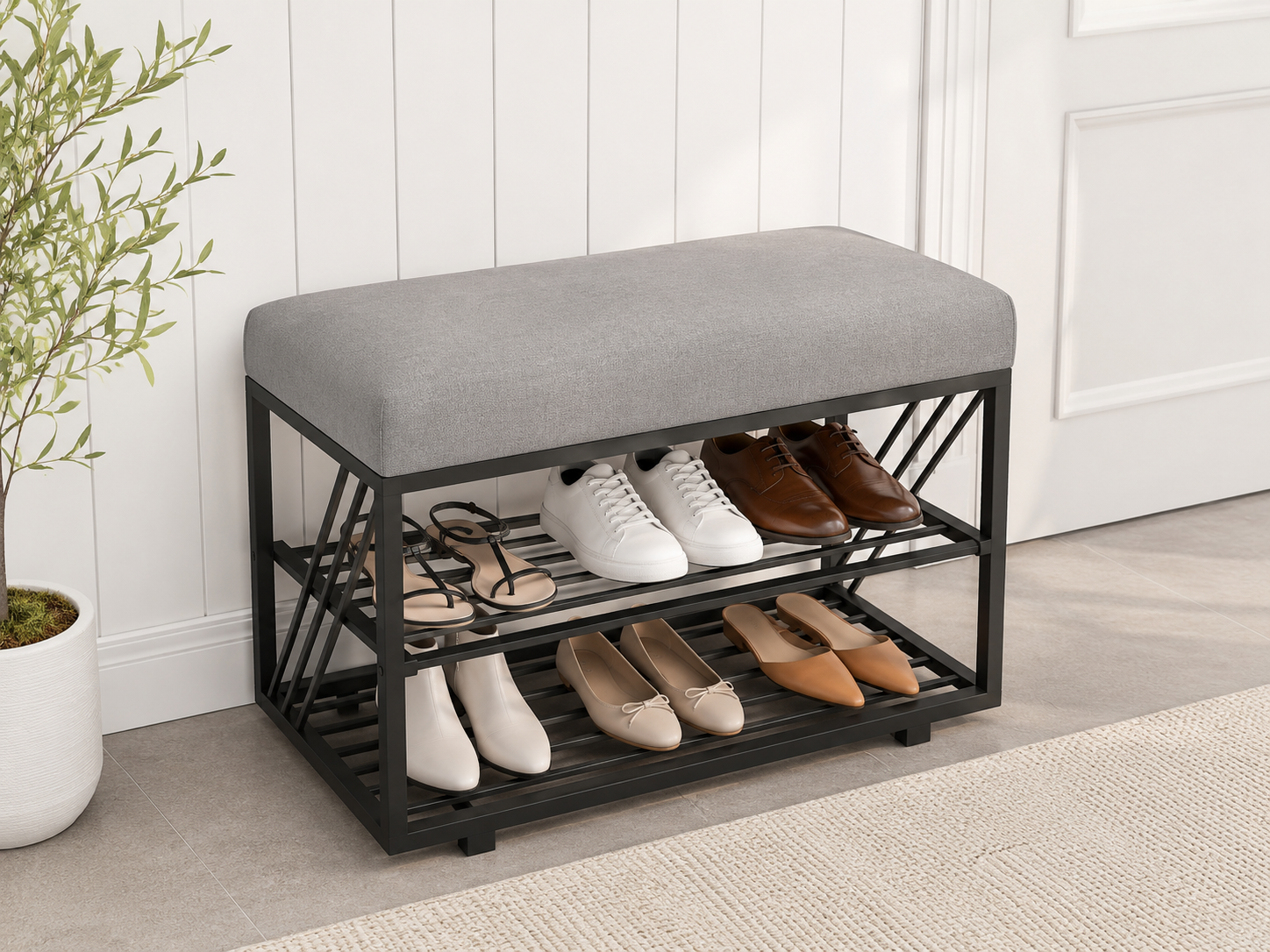 Compact Shoe Bench with 2-Tier Storage 80×30×50 cm – Black Metal & Gray Seat